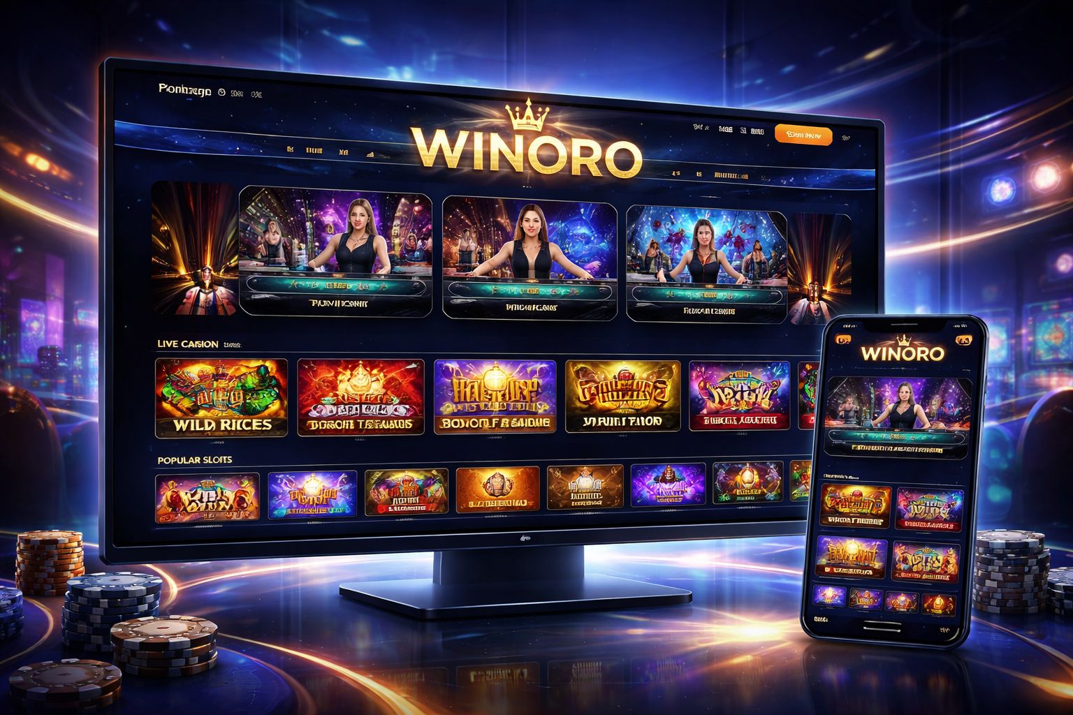 Página principal de WINORO casino con mesas en vivo y selección de tragamonedas para jugadores en México