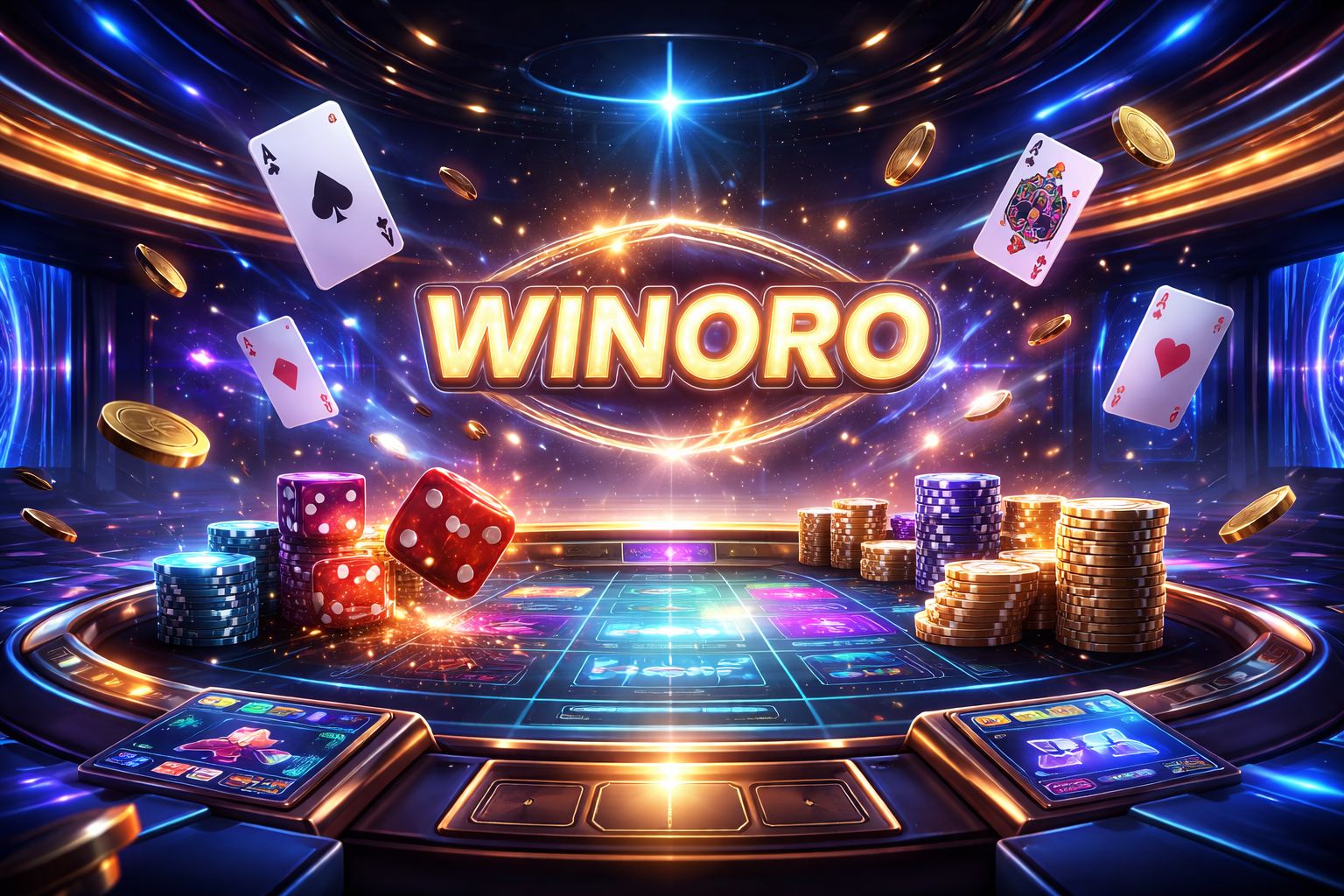 Una vibrante exhibición de juegos WINORO con cartas, fichas, dados y elementos de interfaz brillantes en un entorno moderno de casino.
