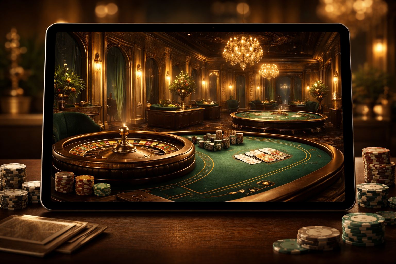 Un elegante estudio de juegos con crupier en vivo en la pantalla de una tableta con mesas de ruleta y cartas iluminadas con luz cálida y moderna.