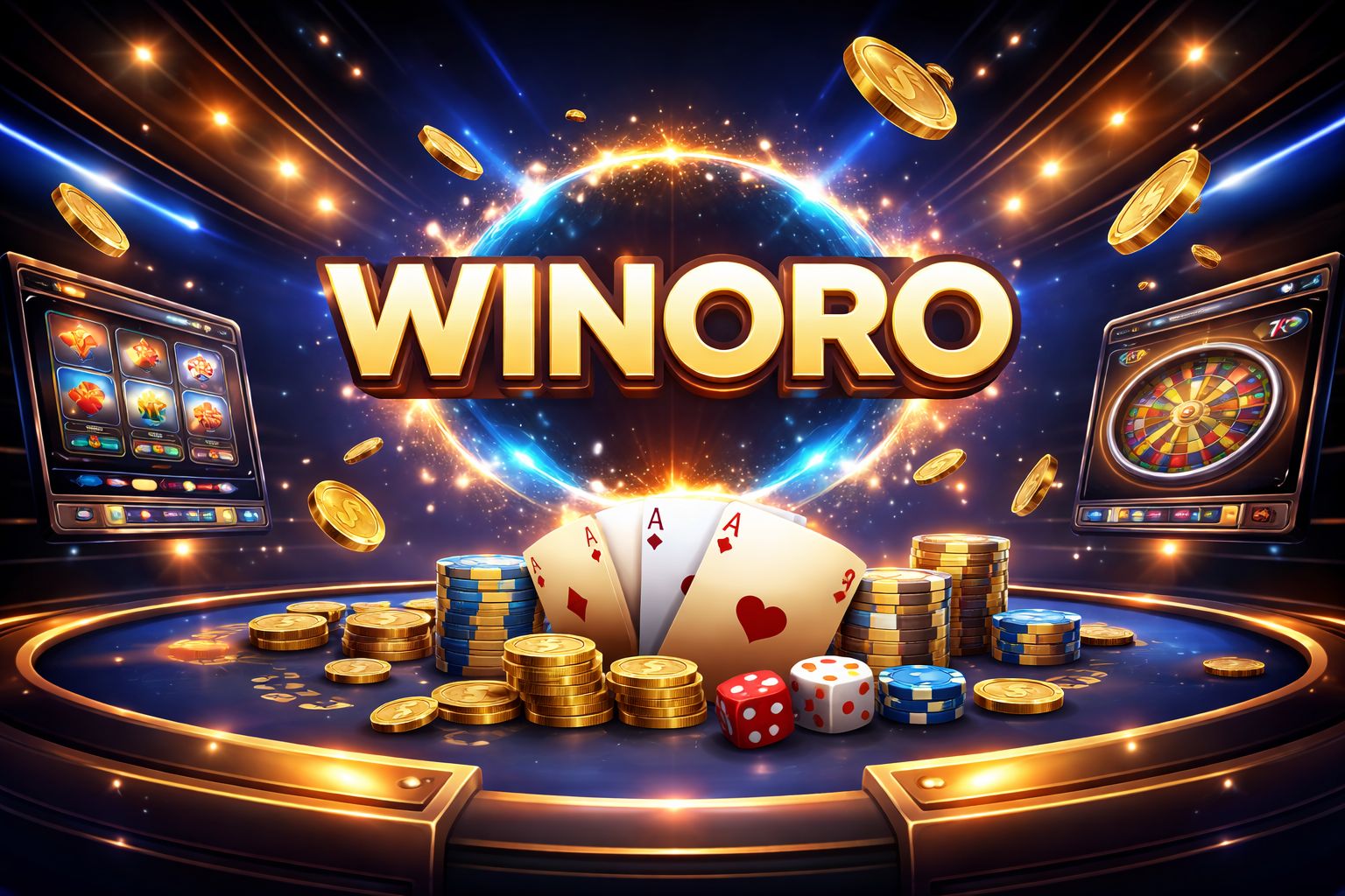 Una escena dinámica de juegos digitales con WINORO mostrado como un letrero luminoso sobre visuales inspirados en casino, monedas, cartas y una interfaz moderna.