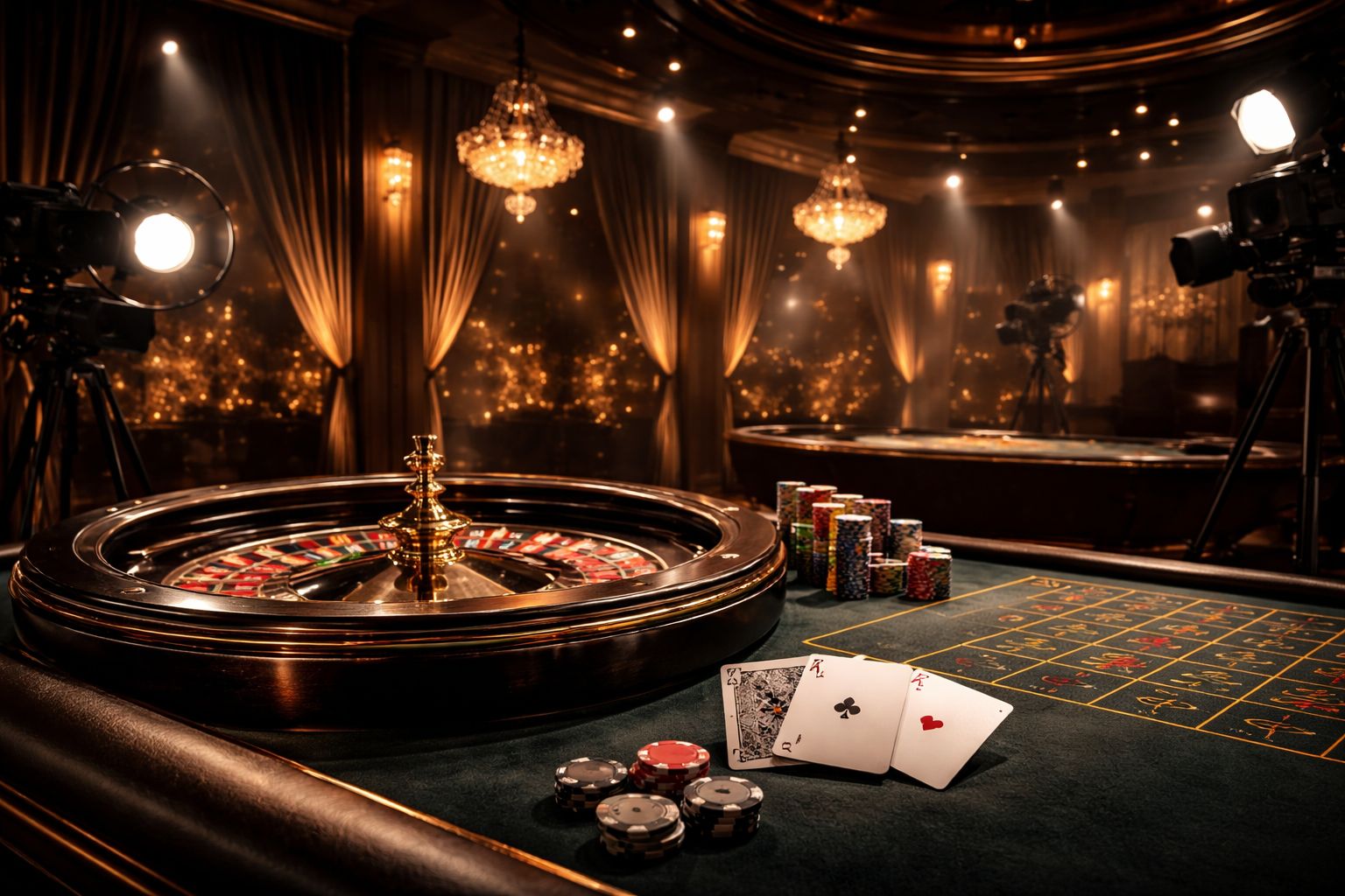 Una escena pulida de estudio de mesa en vivo con cartas, elementos de ruleta y una configuración premium de transmisión presentada a través de la interfaz WINORO.