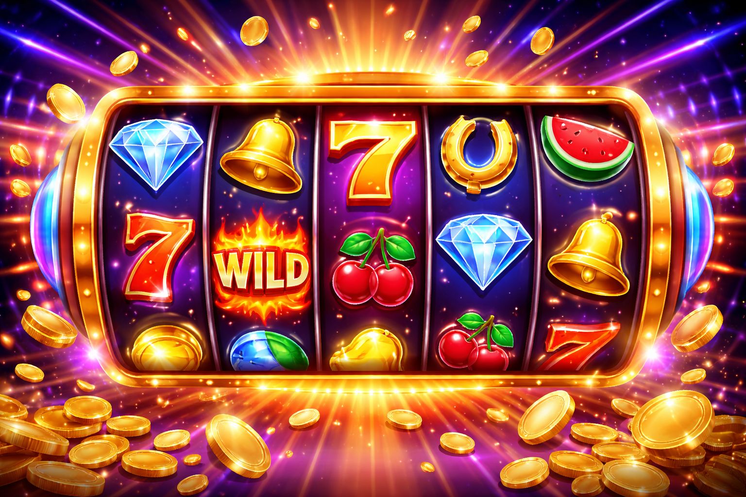 Una pantalla vibrante de juego basado en carretes con símbolos brillantes, monedas y un momento de ganancia celebratoria en la plataforma WINORO.
