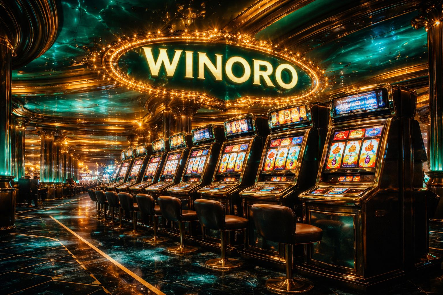Vestíbulo de tragamonedas WINORO con carretes coloridos e interfaz de casino